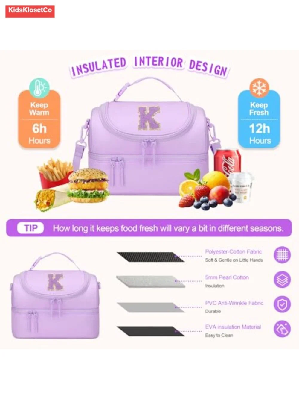 Kids Insulated Lunch Bag Personalized Initial Double Decker Leak-Proof